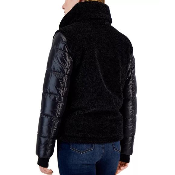 S13 Women Westside Mixed Media Coat XXL Black Sherpa Fleece Puffer Winter Jacket - Picture 2 of 16